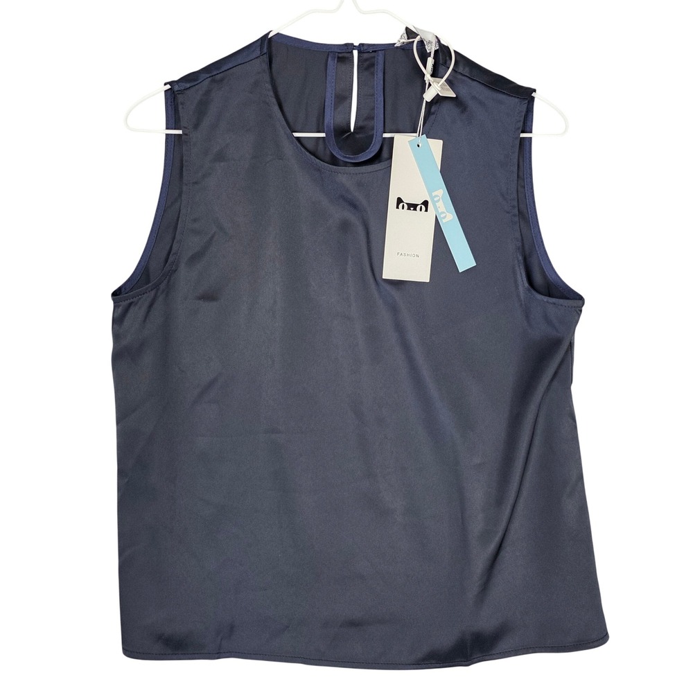 Sleeveless Crew Neck Casual‎ Top Single Neck Button Back Womens S Blue NEW